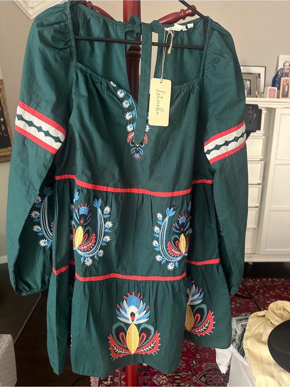 NWT Anthropologie Let Me Be Green Embroidered Boho Tiered Tunic Mini Dress Sz M